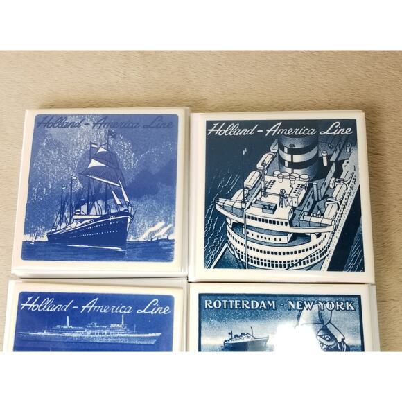 Coaster Holland America Line Ceramic Tile Delft Blue Cork Back New Box Vintage - Picture 6 of 13